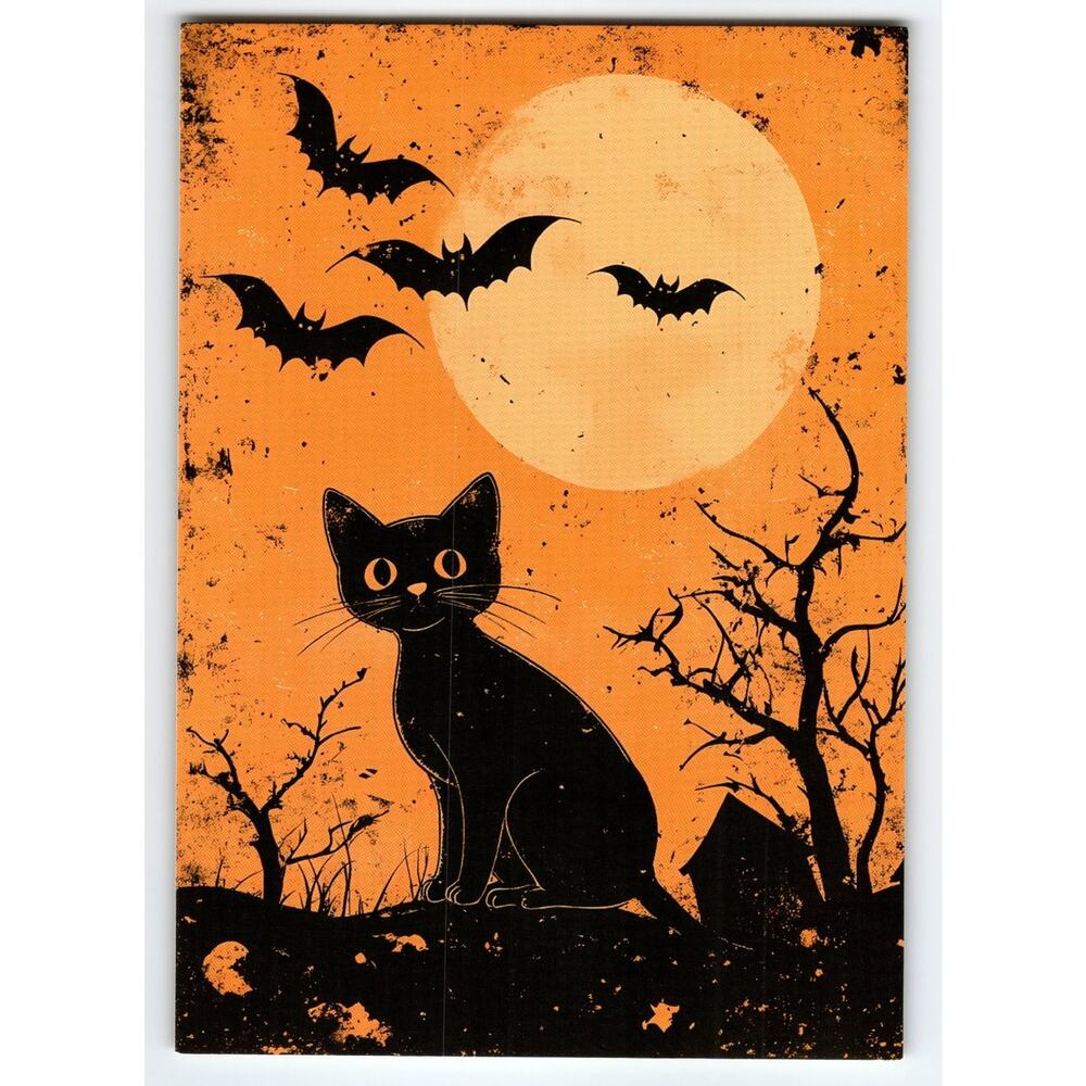 Vintage Halloween Postcard Black Cat Bats Full Moon Orange Chrome